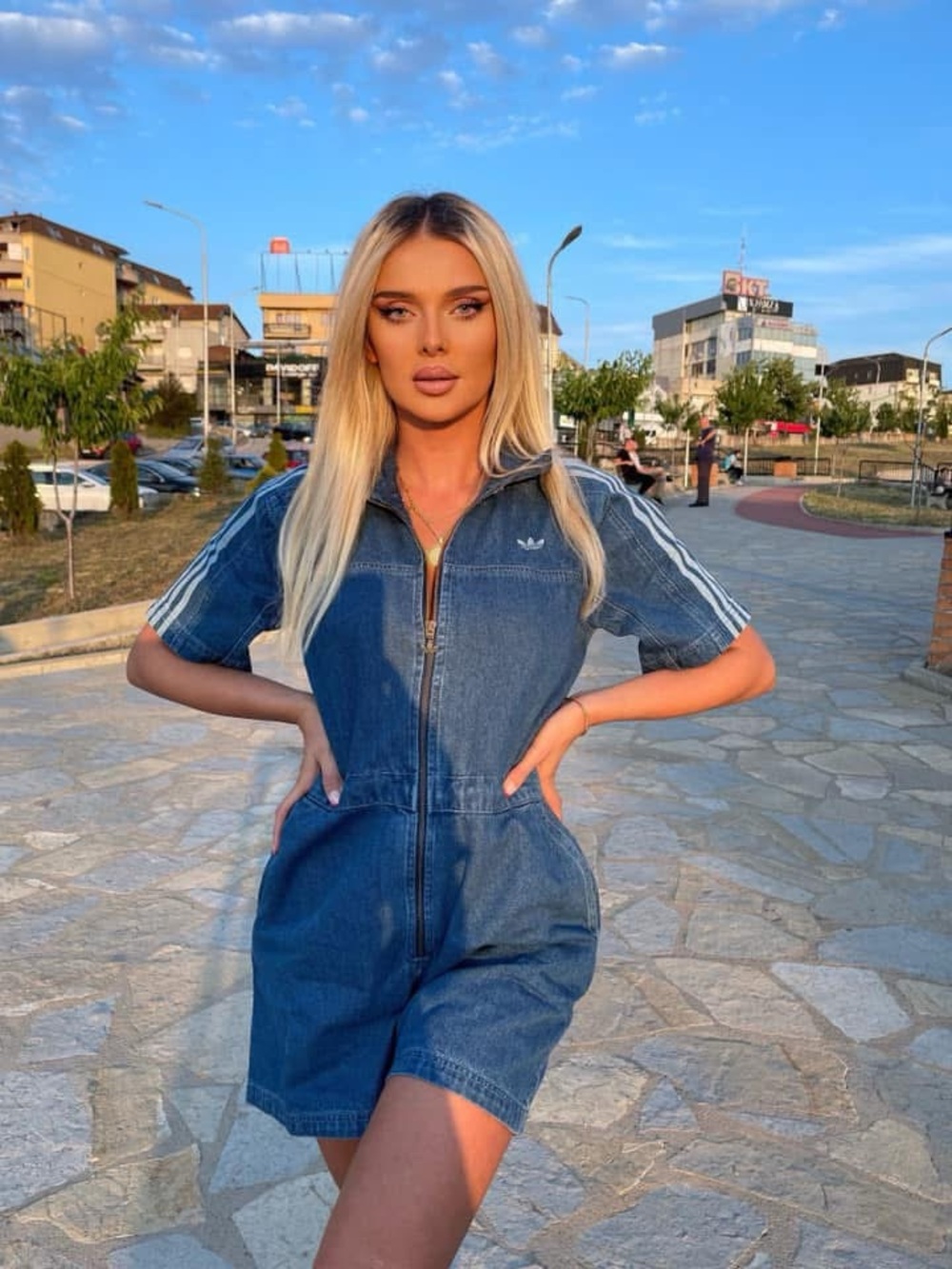 adidas Blue Short Denim Jumpsuit with Signature Sleeve Stripes